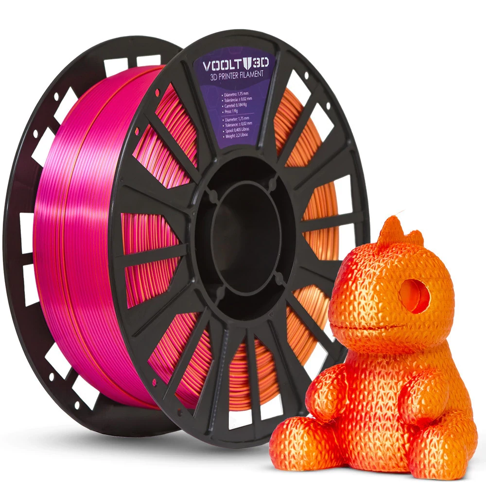 Filamento PLA Tri Color Dourado / Laranja / Rosa Choque V-Silk 1kg