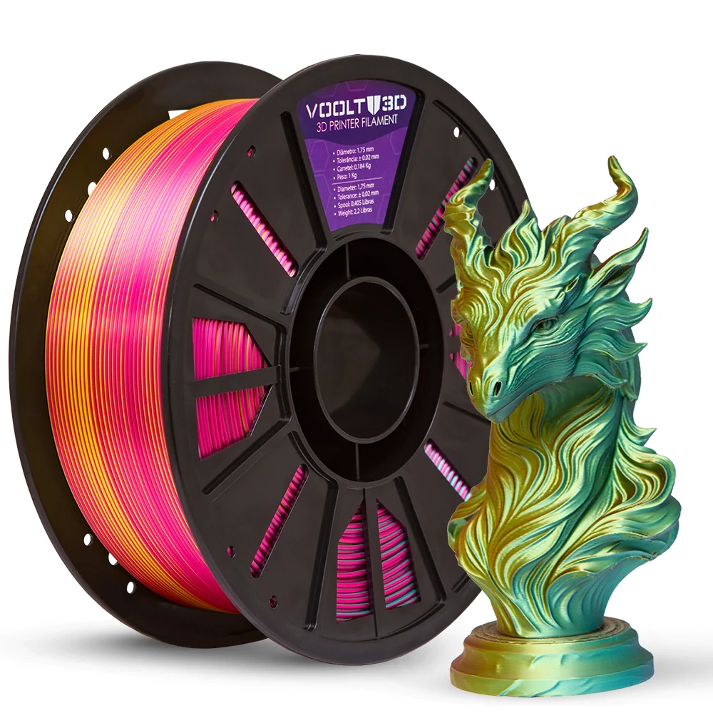 PLA Tri Color Dourado / Rosa Choque / Verde V-Silk 1kg