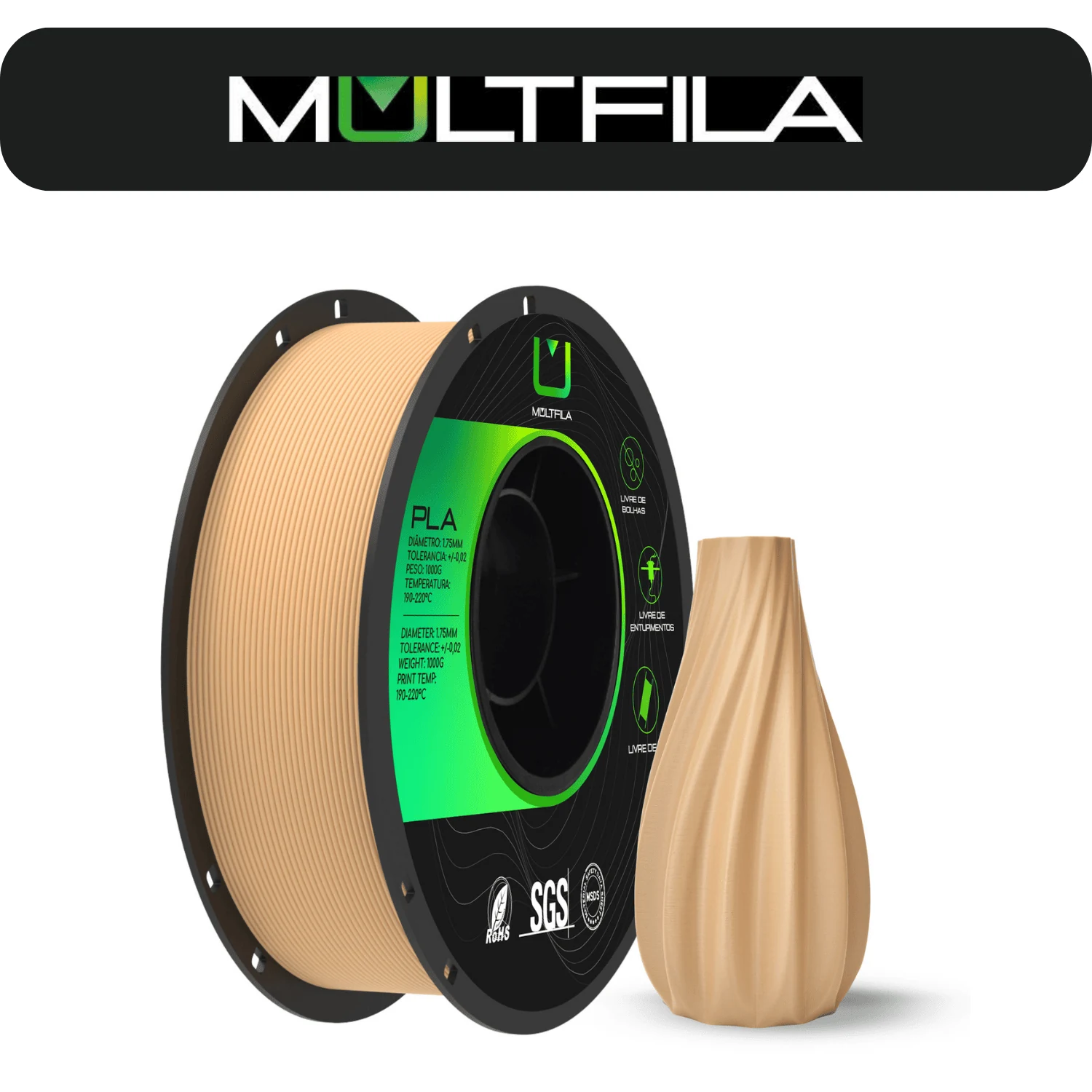 Rolo PLA Matte Areia Multfila 1KG Alta Performance