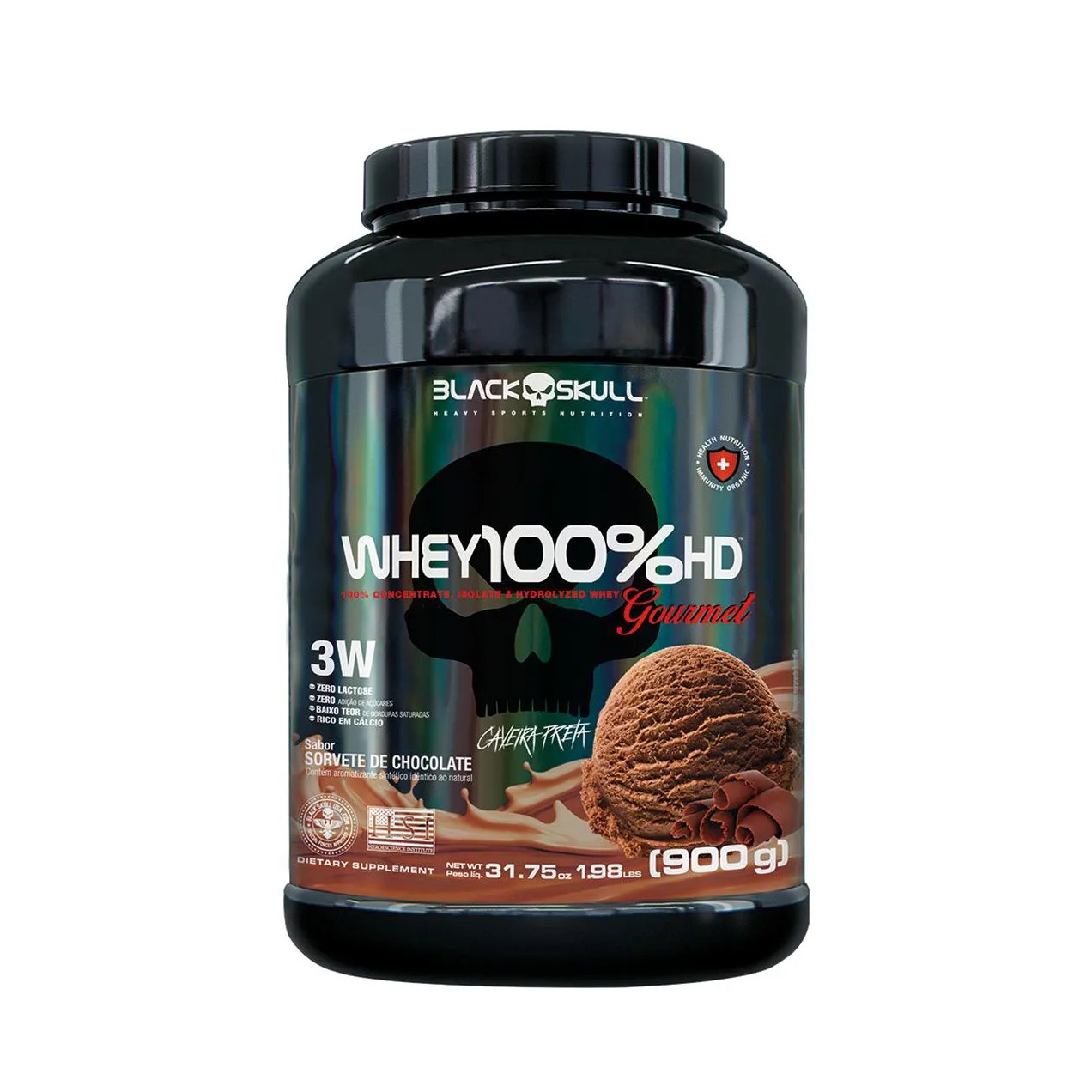 Whey Protein Black Skull 100% HD Gourmet Sorvete de Chocolate 900g