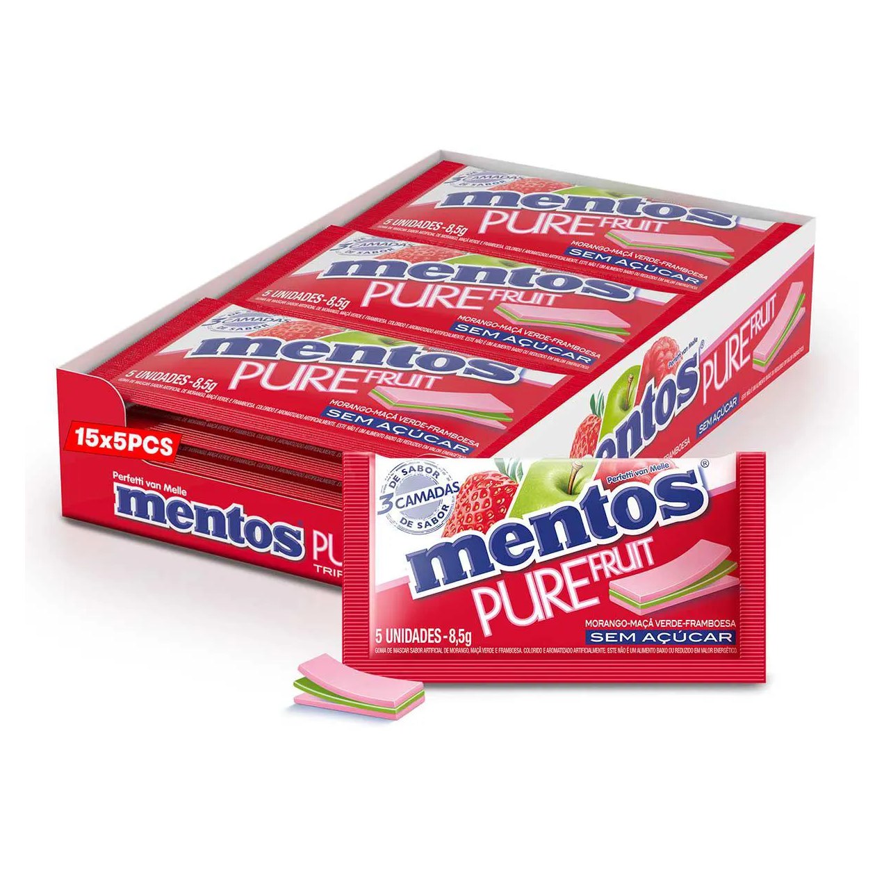 Mentos Pure Fruit Chiclete Sem Açúcar Sabor Morango Maçã Verde e Framboesa com 5 unidades