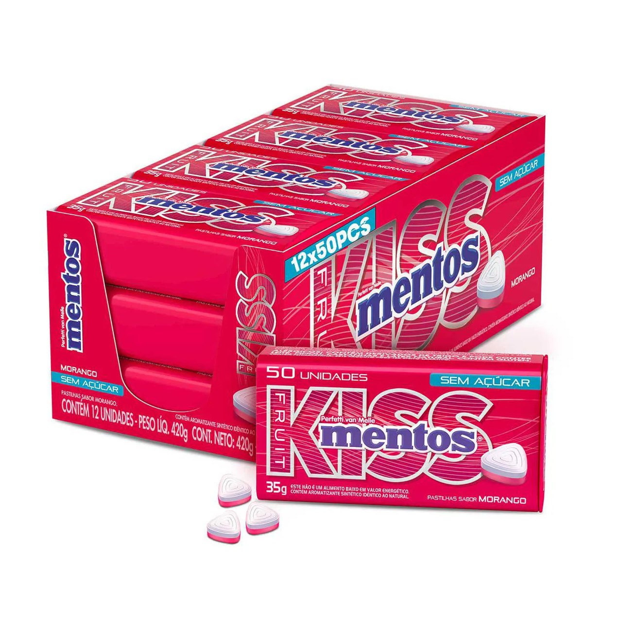 Bala Kiss Mentos Sabor Morango Sem Açúcar 50 unidades