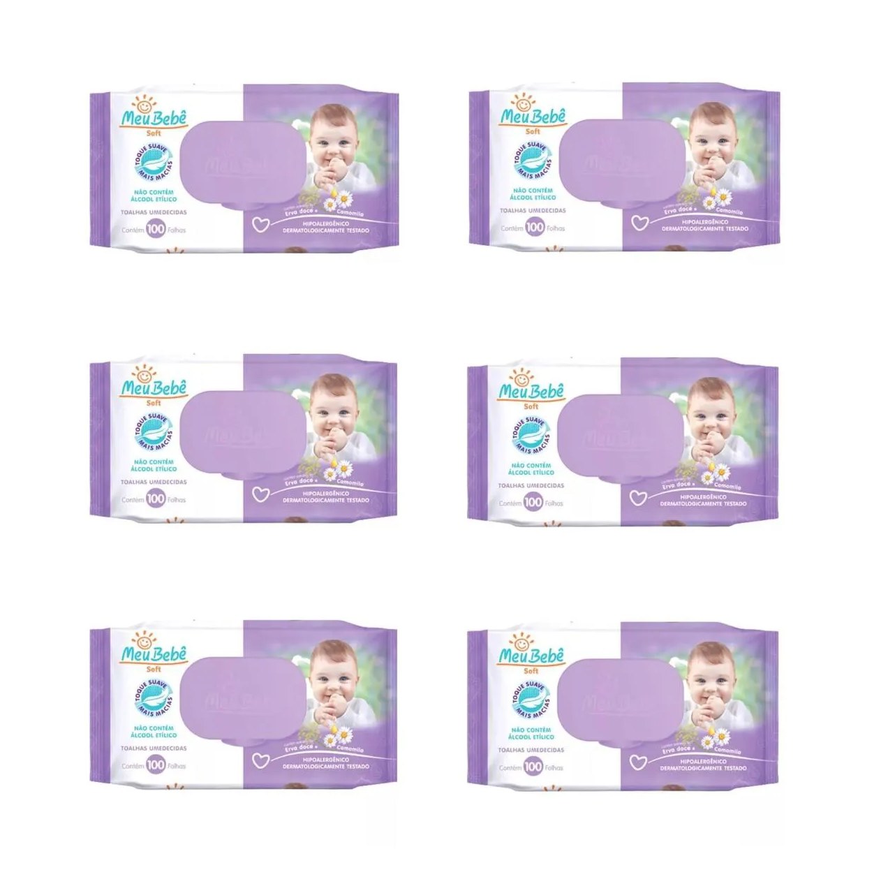 Kit 6 Lenço Umedecido Meu Bebê Soft Hipoalergênico 100un