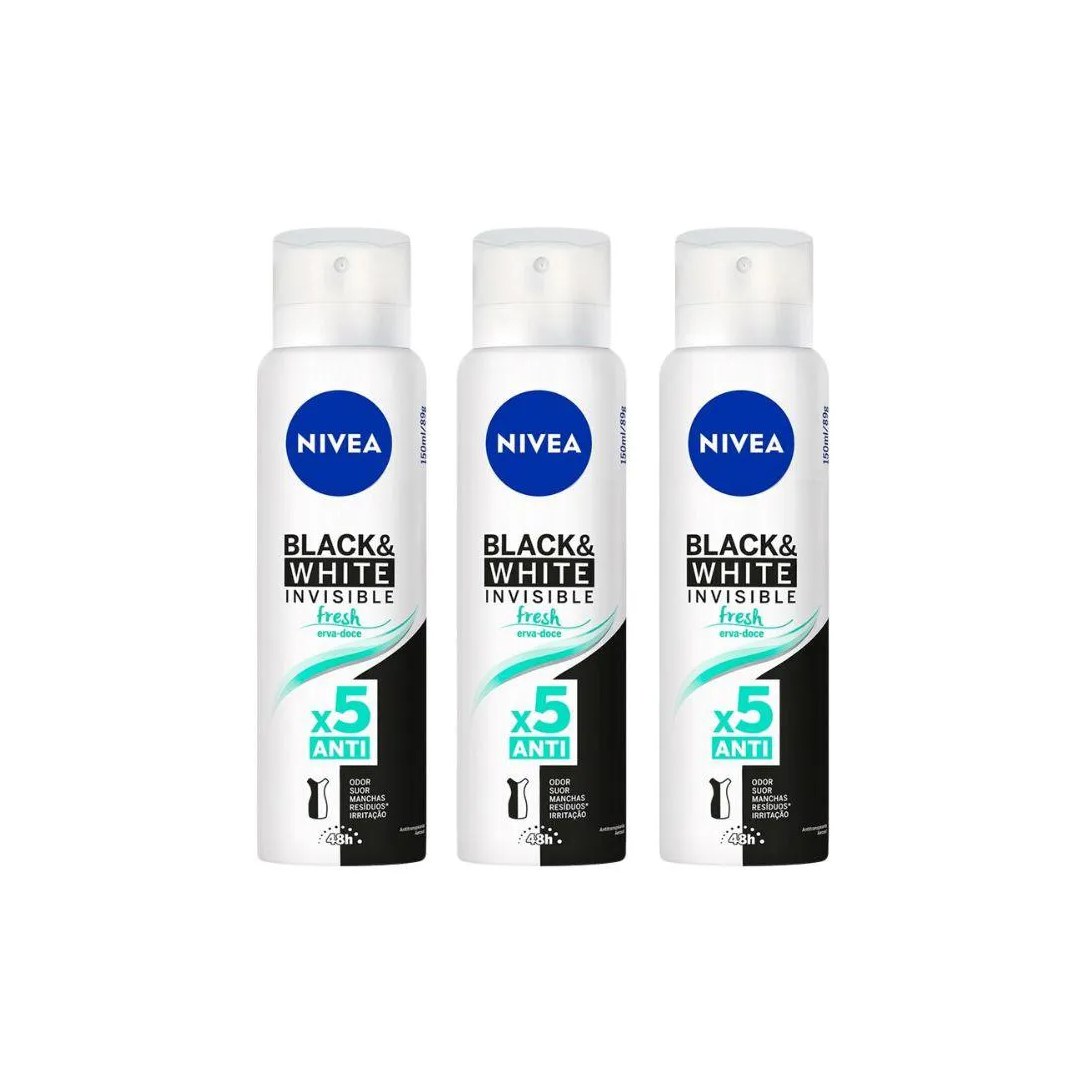 Desodorante Nivea 150ml Inv Black White Fresh Erva Do-Kit3un