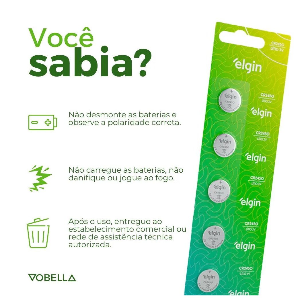 5 Baterias Pilha Moeda Cr2450 3V 1 Cartela Brinquedos Elgin
