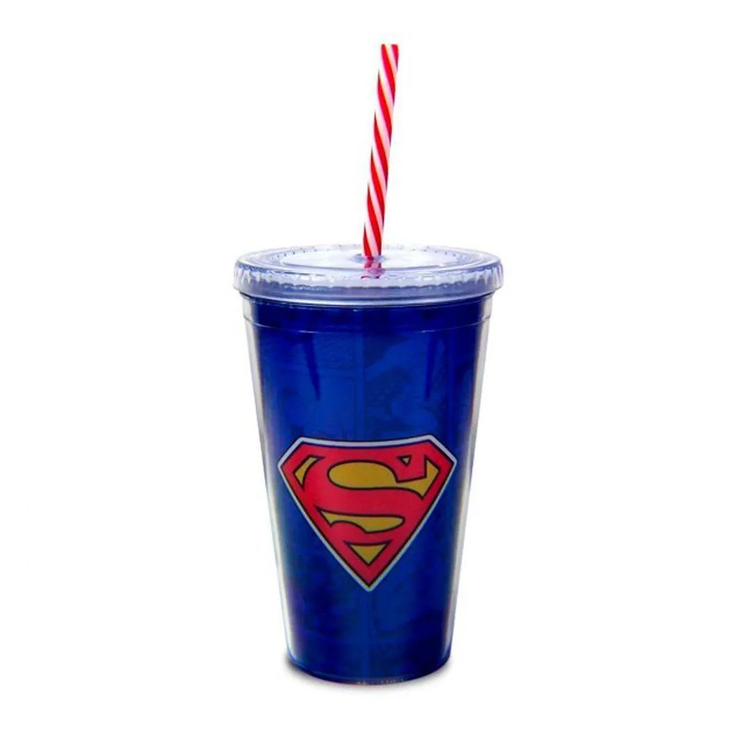 Copo Com Canudo Logo Superman Dc Comics 450ml Tasco Inport