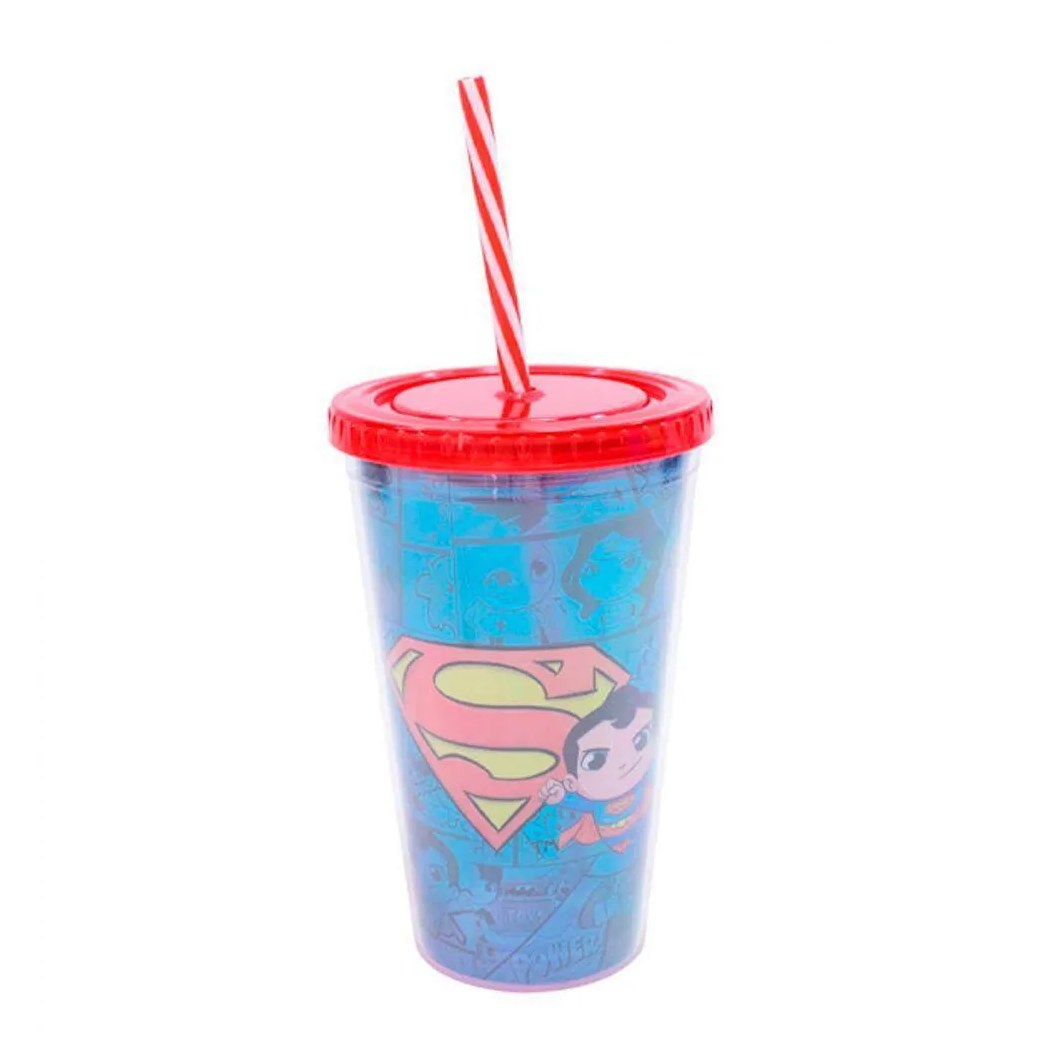 Copo Com Canudo Super Homem Dc Comics 450ml Tasco Inport