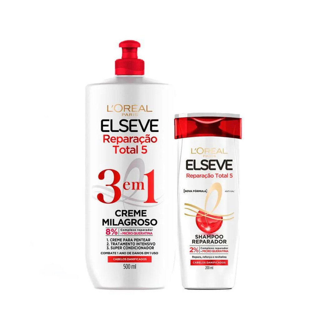 Kit Elseve L’oréal Paris Reparação Total 5 Shampoo 200ml + Creme Milagroso 3em 500ml (2 Produtos)