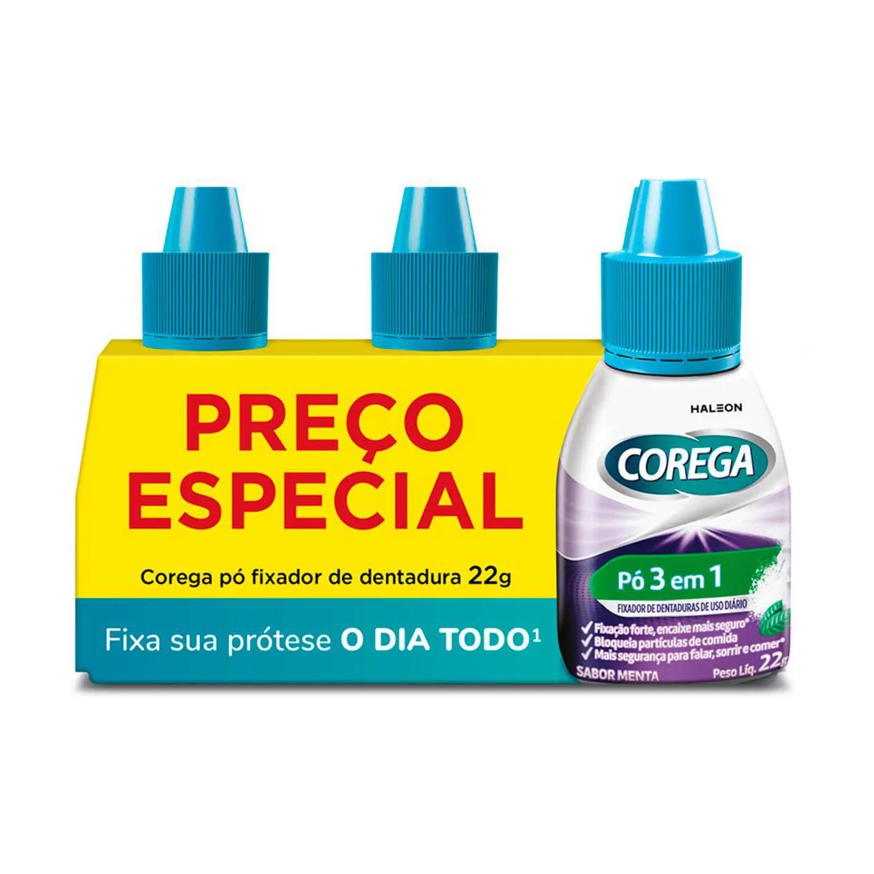 Kit Pó Fixador de Dentadura Corega 3 em 1 22g 3 unidades