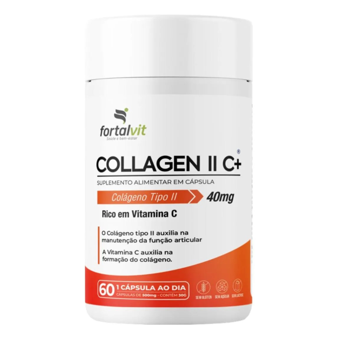 Collagen II C+ - Colágeno Tipo II 40mg, com Vitaminas C, E e Vitaminas do Complexo B, 60 cápsulas, 2 meses, Fortalvit