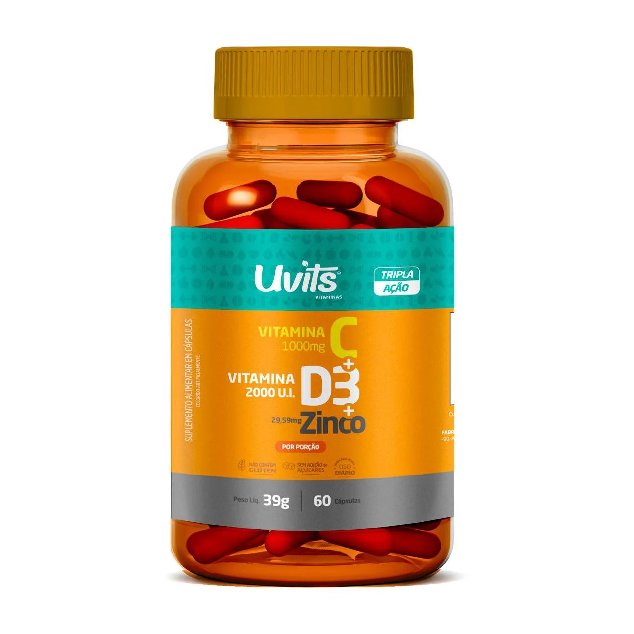 Vitamina C 1000mg + D3 2000ui + Zinco 29,59mg 60 Cápsulas - Uvits Sem Sabor