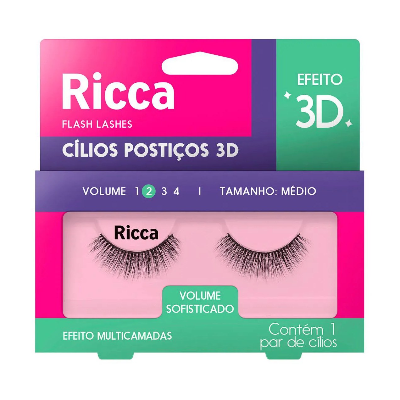 Cílios Postiços 3D Ricca Flash Lashes Vol. 2 Tamanho Médio 1 Par