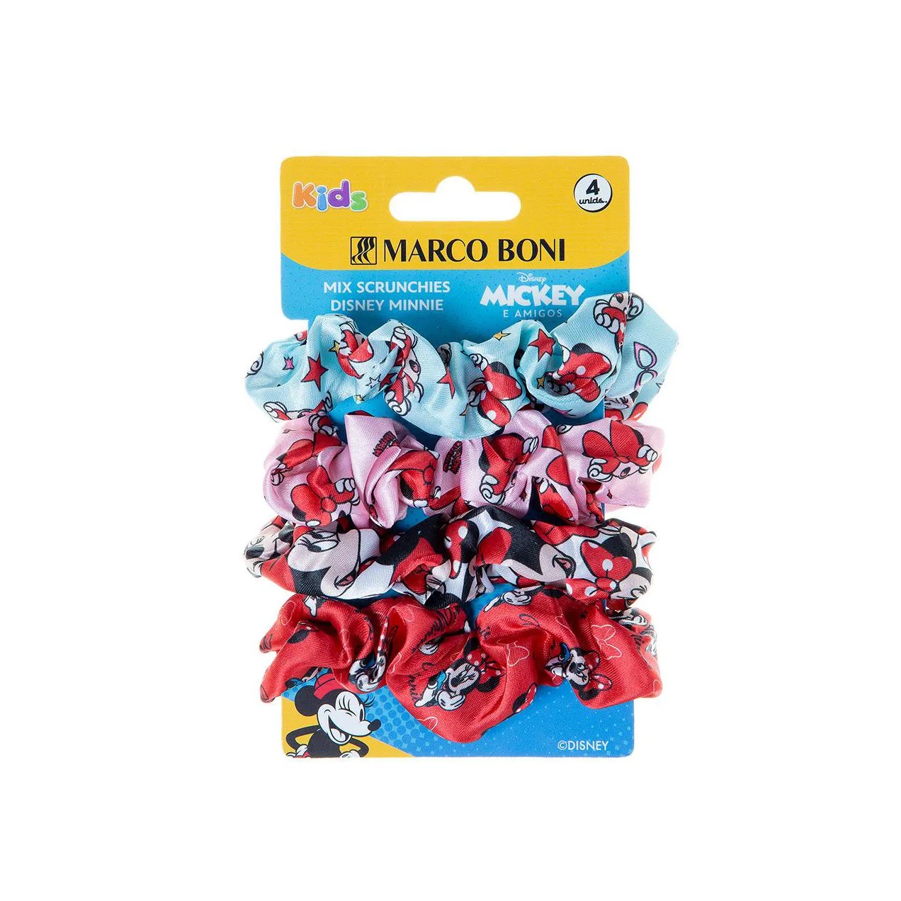 Kit Laço Curto de Cabelo Scrunchie Disney Minnie Marco Boni 4 Unidades