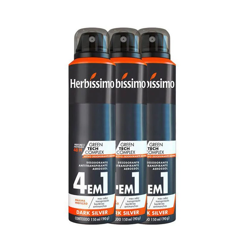 Kit Desodorante Antritanspirante Aerosol Herbíssimo Dark Silver 48h 150ml 3 unidades