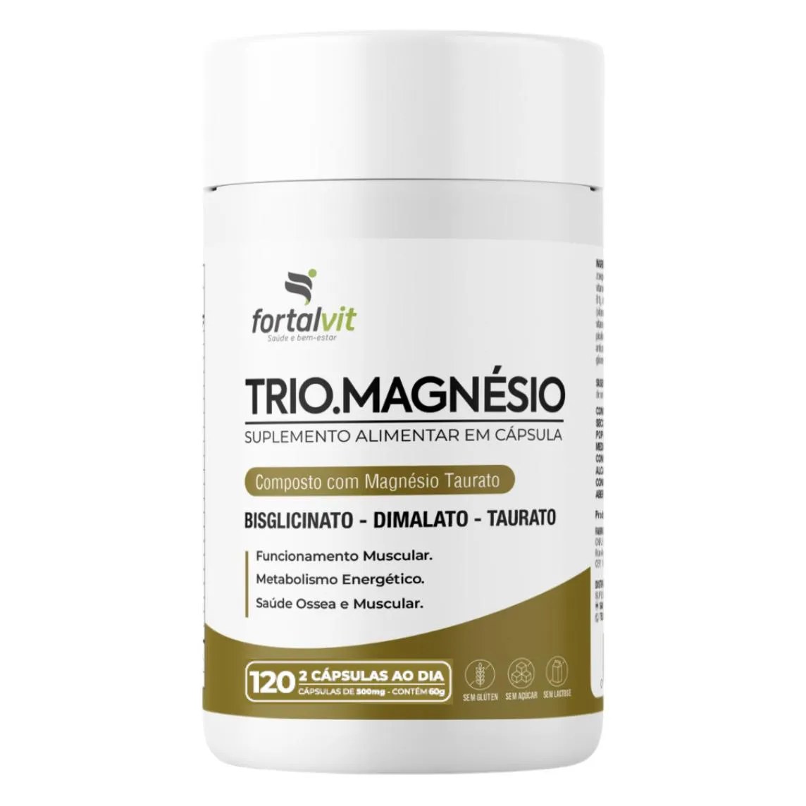 Trio.magnésio - Bisclicinato, Dimalato e Taurato 120 Cápsulas, 2 Meses, Fortalvit
