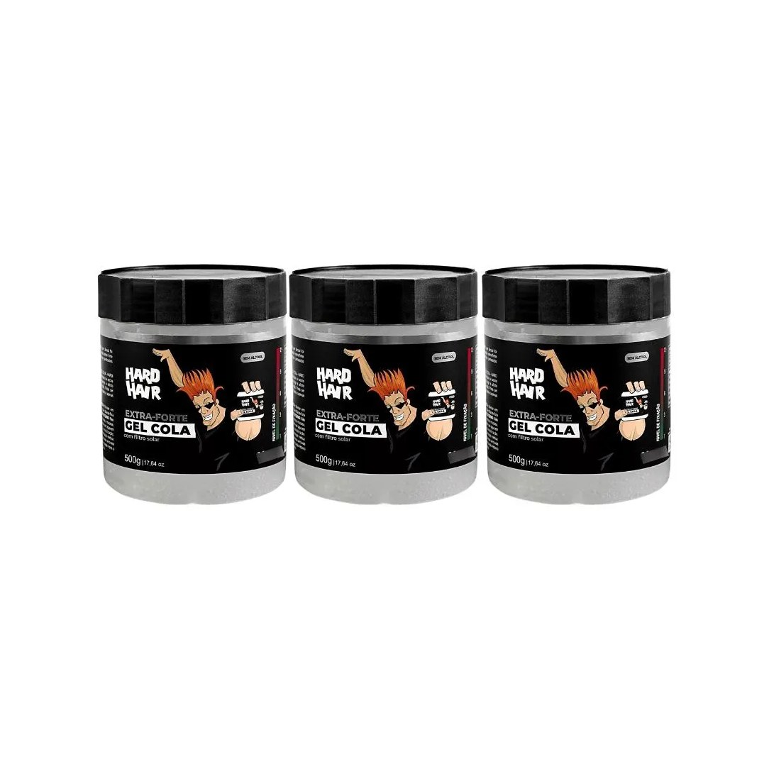 Gel Cola Fixador Hard Hair Incolor 500g - Kit C / 3un