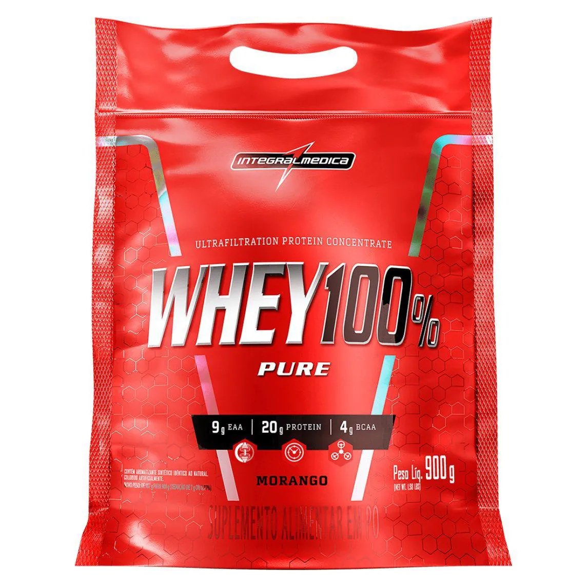 Whey 100% Pure Morango Pouch 900g - Integralmédica