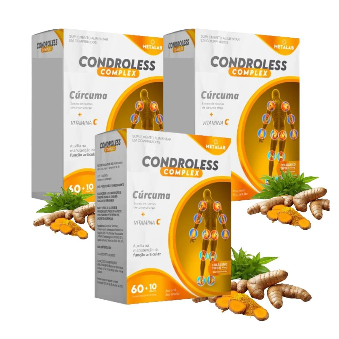 Condroless Complex Curcuma, Colágeno Tipo Ii e Vitamina C Kit 3 Caixas de 60 comprimidos