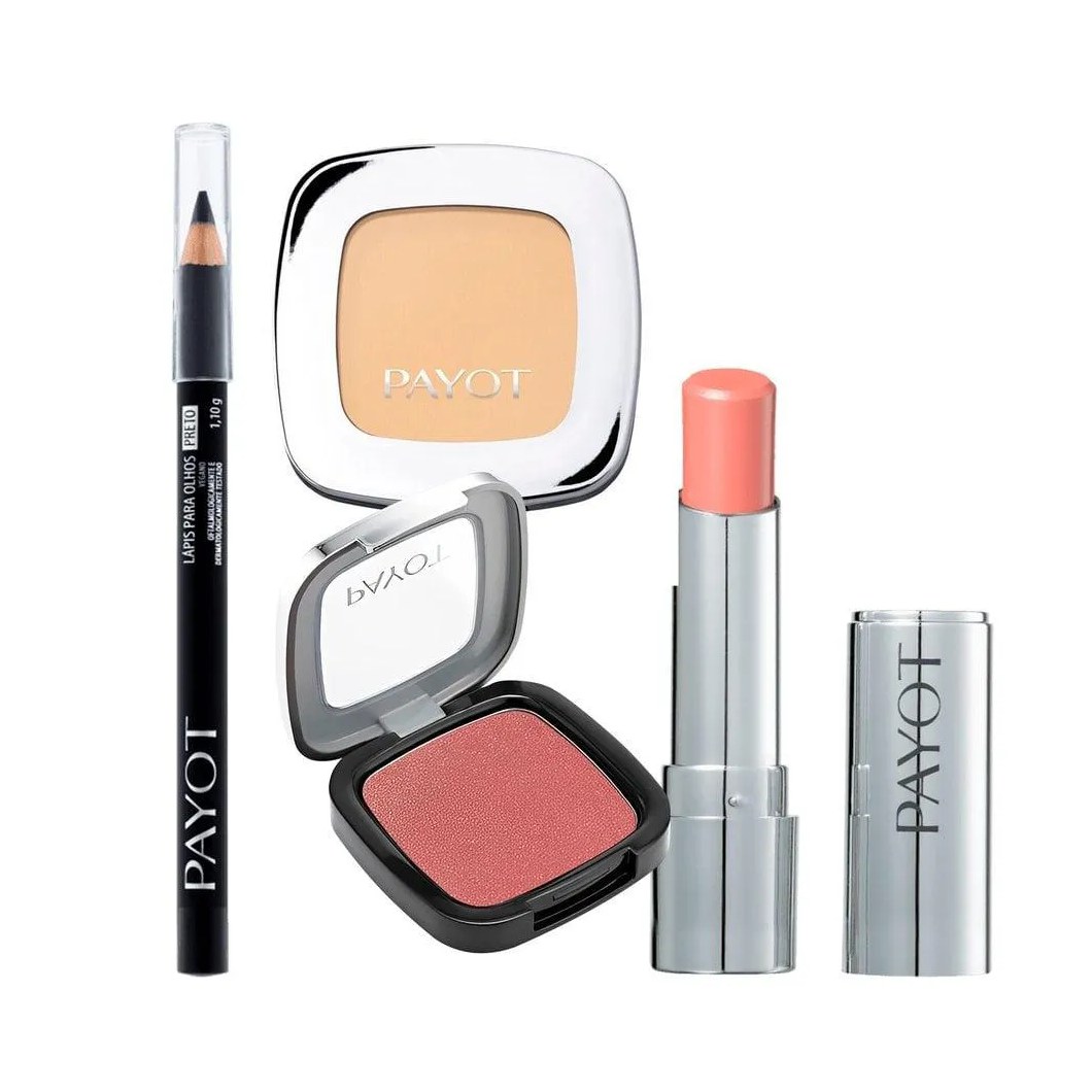 KIT MAQUIAGEM PAYOT BATOM HIDRATANTE NUDE + LáPIS DE OLHOS PRETO + Pó COMPACTO RETINOL COR 20 + BLUSH RETINOL ROSA ILUMINADO