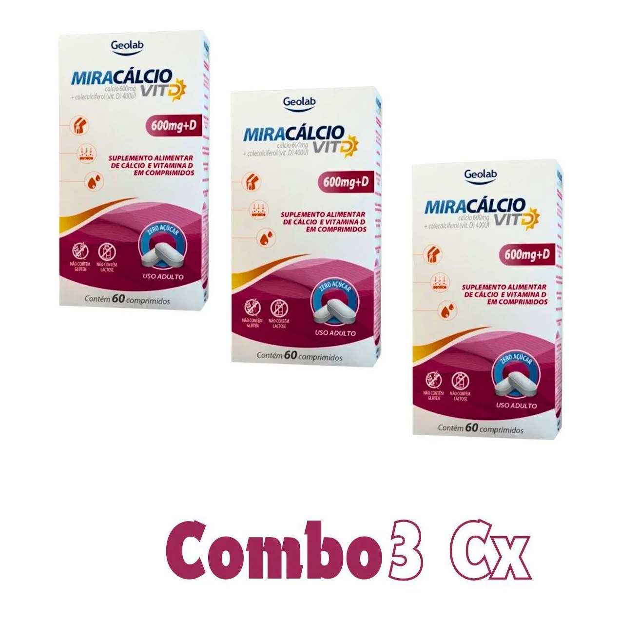 Calcio 600 com Vitamina D Miracalcio D Composicao Idoso Kit 3