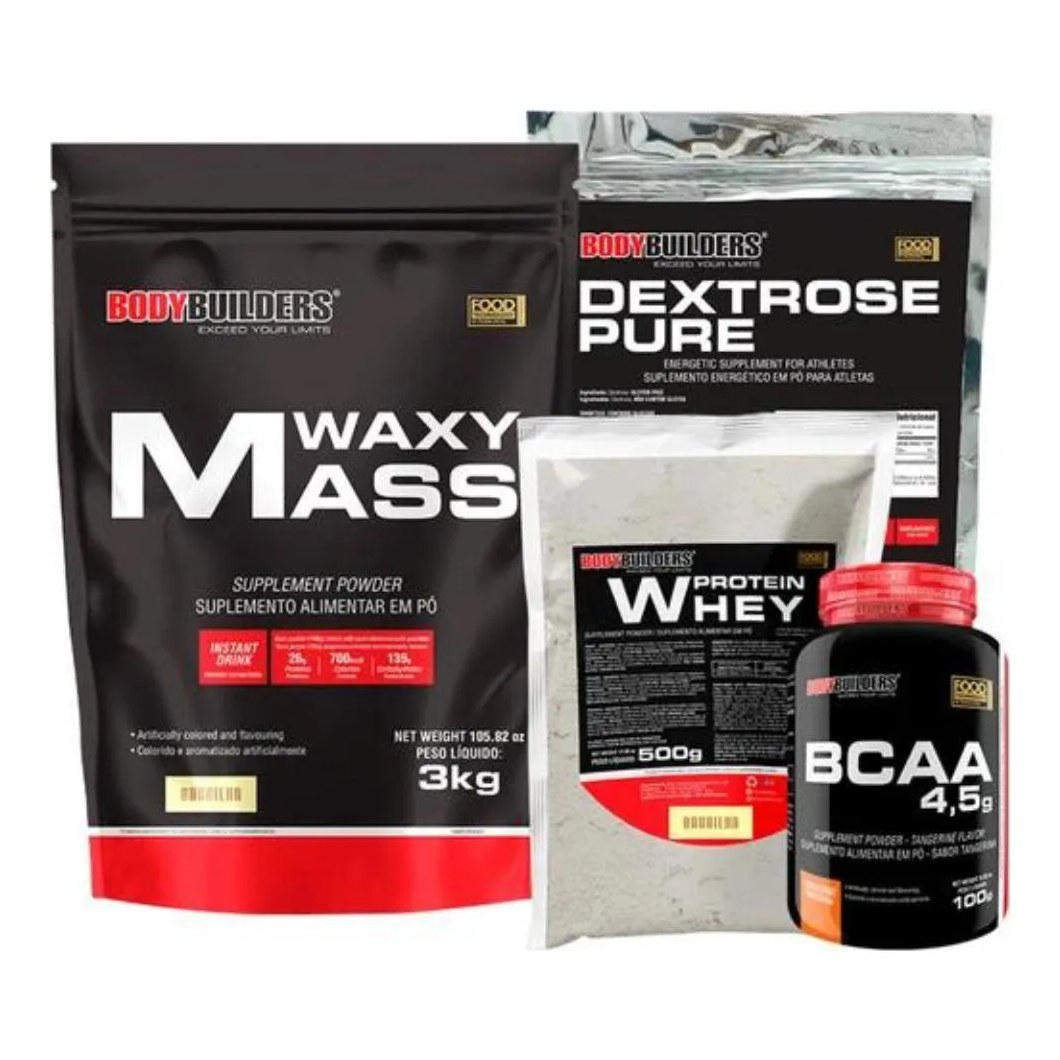 Kit Hipercalórico Waxy Mass 3kg + Whey Protein 500g + Bcaa 100g + Dextrose 900g - Bodybuilders Baunilha