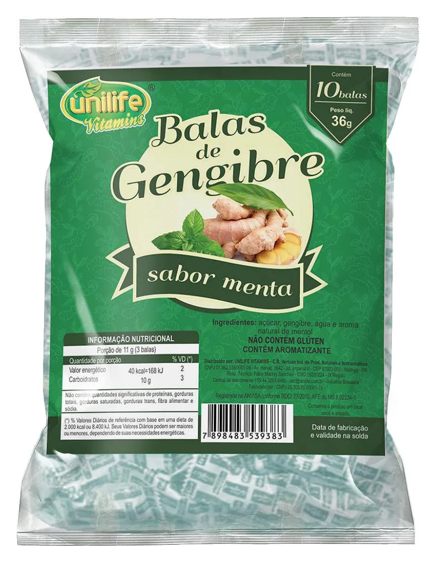 Bala de Gengibre com Menta - Caixa com 30 Pacotes de 36 Gr.