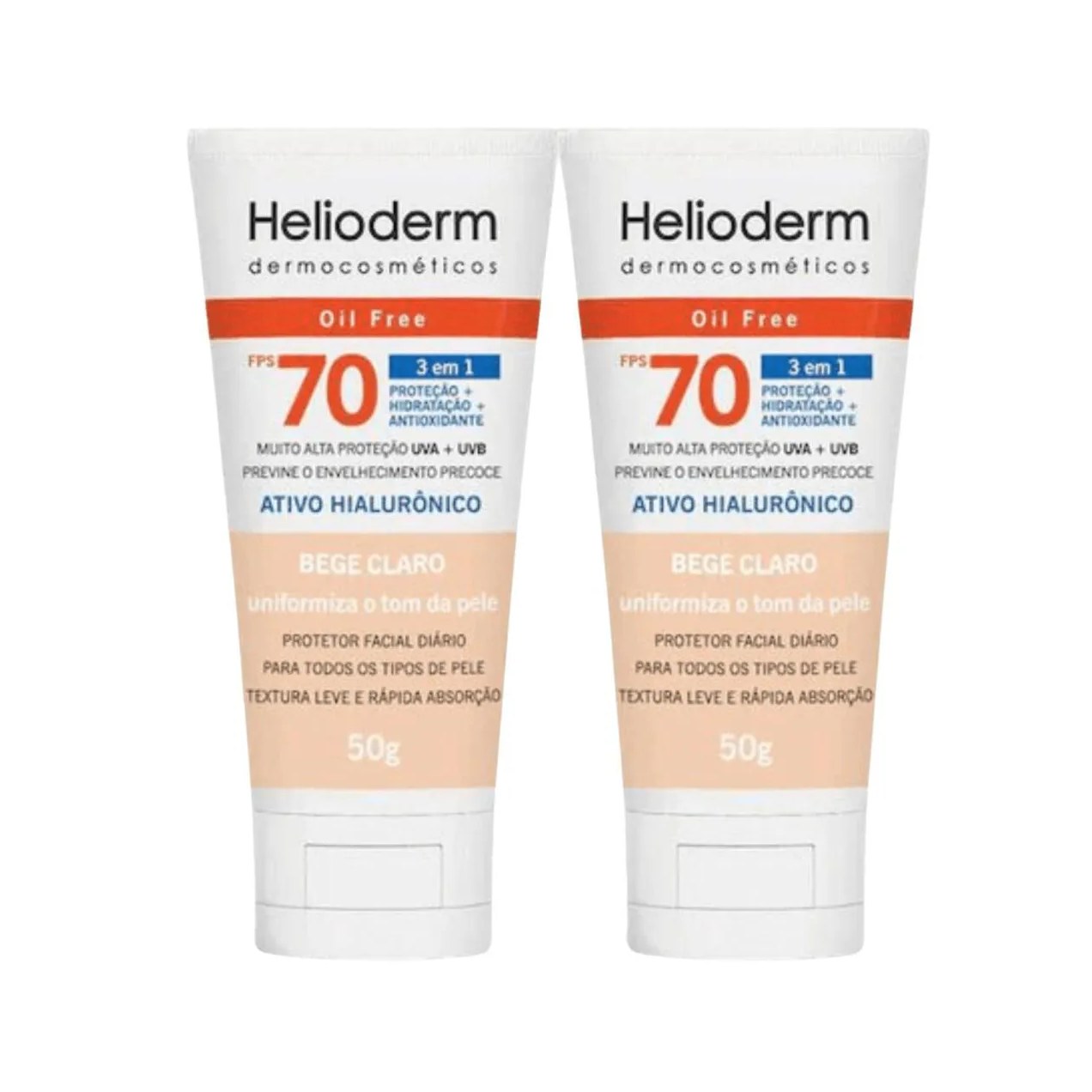 Kit C2 Protetor Ácido Hialurônico Bege Claro Fps70 Helioderm