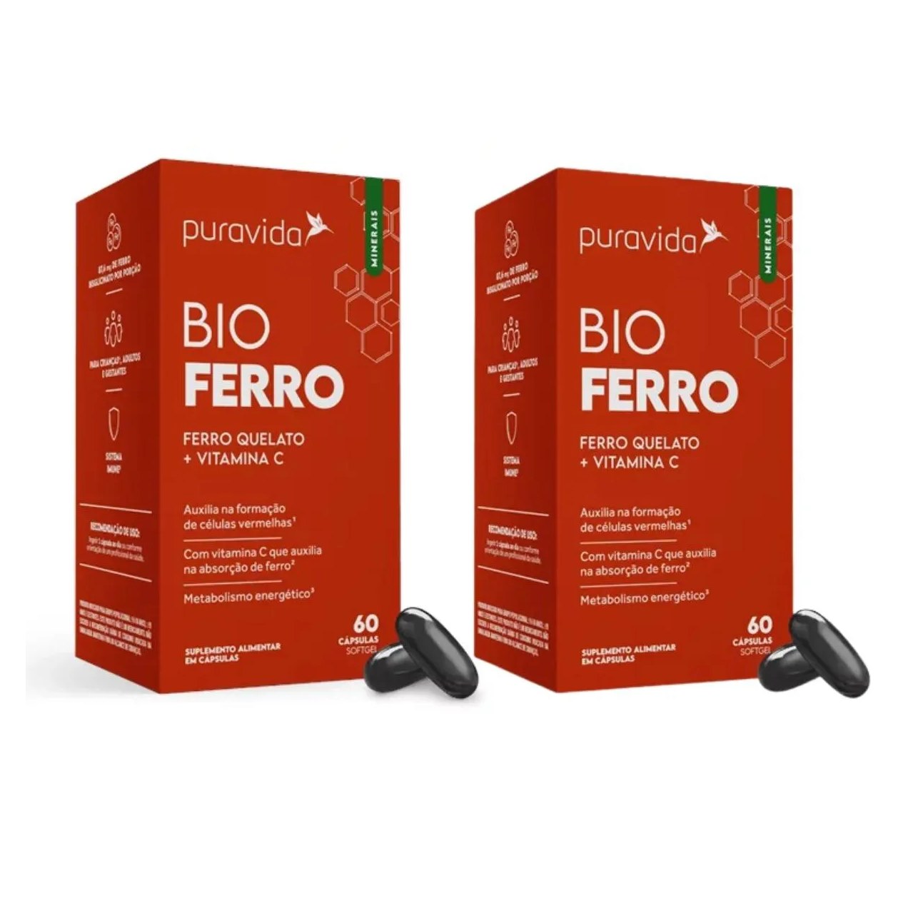 Kit 2 Bio Ferro Vitaminas C Ferro Quelato 60 cápsulas Puravida sem sabor
