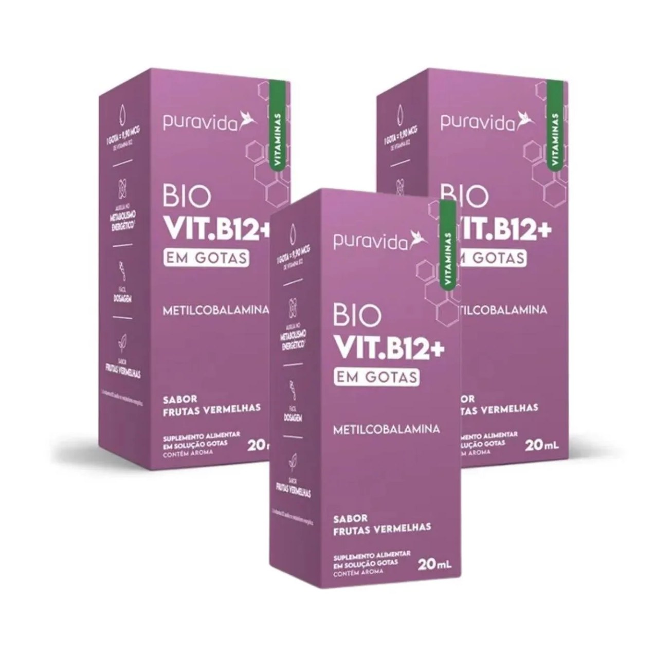 Kit 3 Bio Vit. B12+ Metilcobalamina Gotas Biodísponivel Puravida Frutas Vermelhas