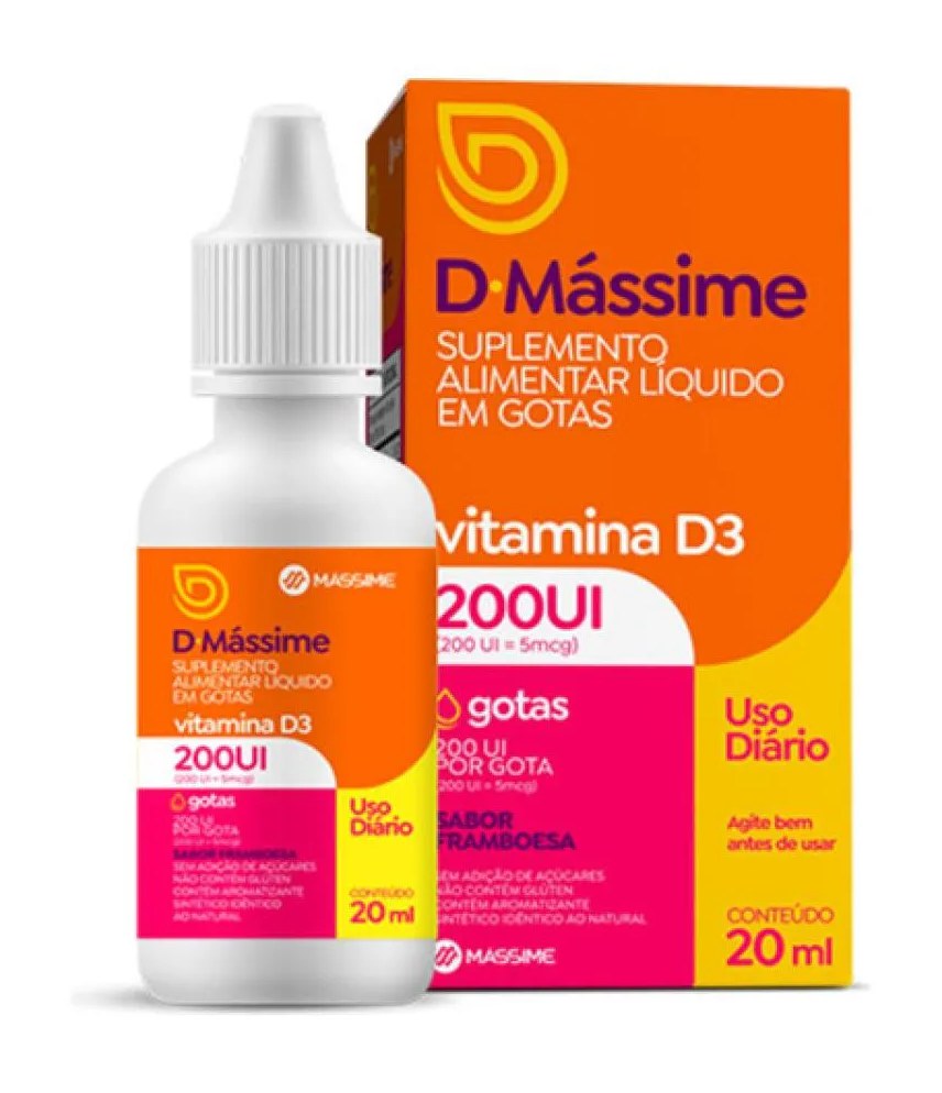 D - Mássime Vitamina D3 200ui em Gotas - 20ml - Sabor Framboesa - Mássime
