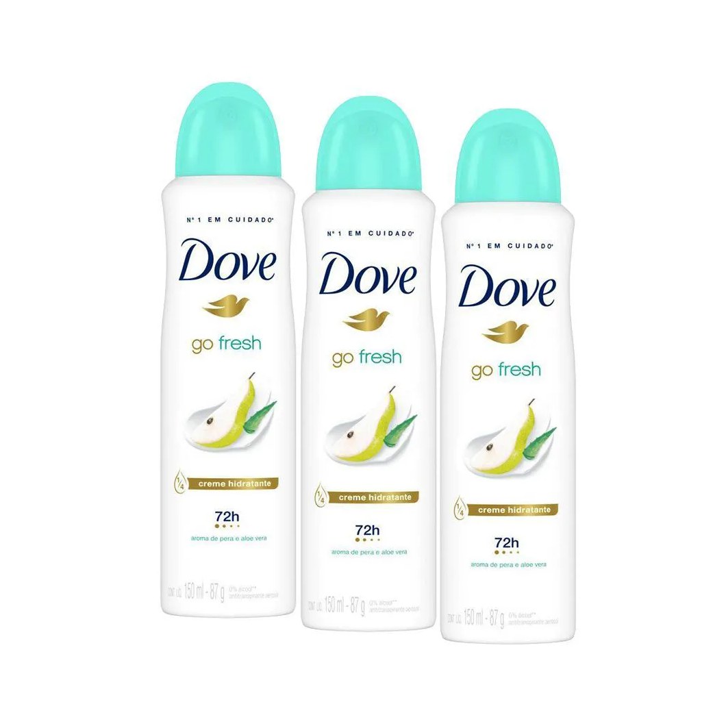 Kit com 3 Desodorantes Antitranspirantes Aerosol Dove Go Fresh Pera e Aloe Vera 150ml