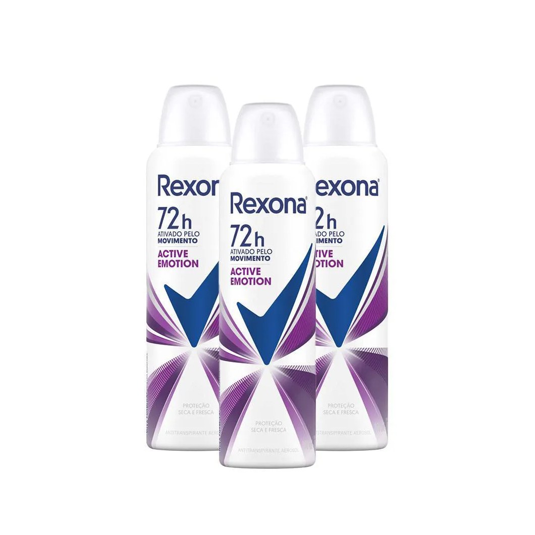 Kit com 3 Desodorantes Antitranspirantes Aerosol Feminino Rexona Active Emotion 72 Horas 150ml