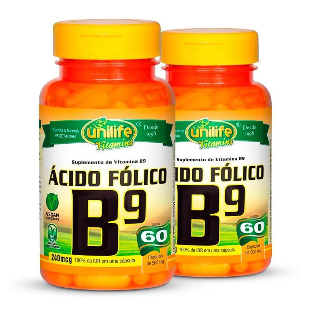 Kit 2 Vitamina B9 Ácido Fólico 60 cápsulas Unilife
