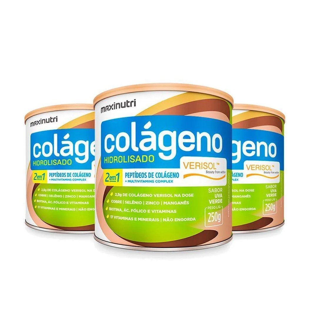 Kit 03 Colágenos Verisol Maxinutri Lata 250g Sabor Uva Verde