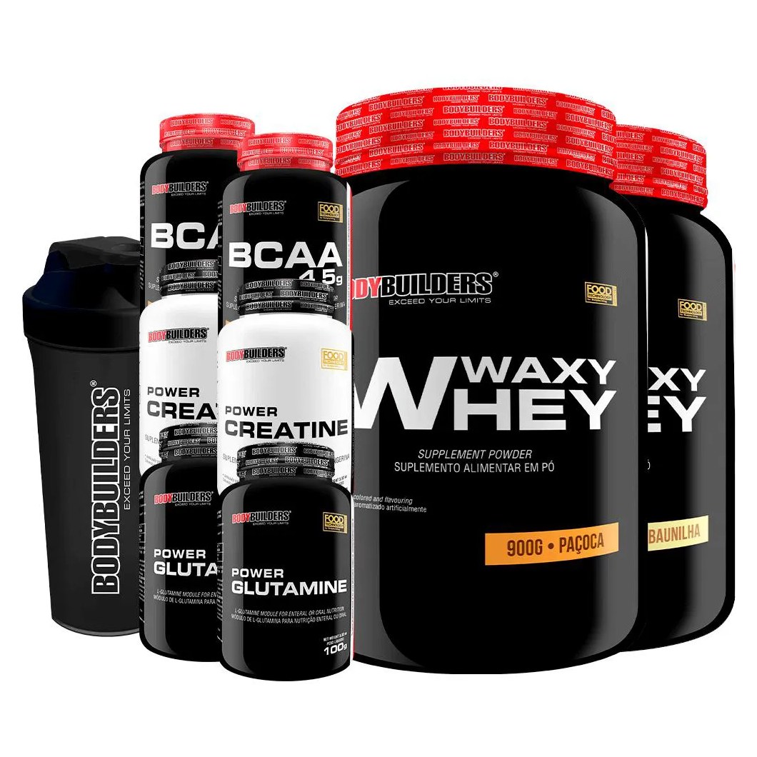 Kit 2x Waxy Whey 900g + 2x Bcaa 100g + 2x Power Creatina 100g + 2x Power Glutamina + Coq - Bodybuilders Baunilha e Paçoca