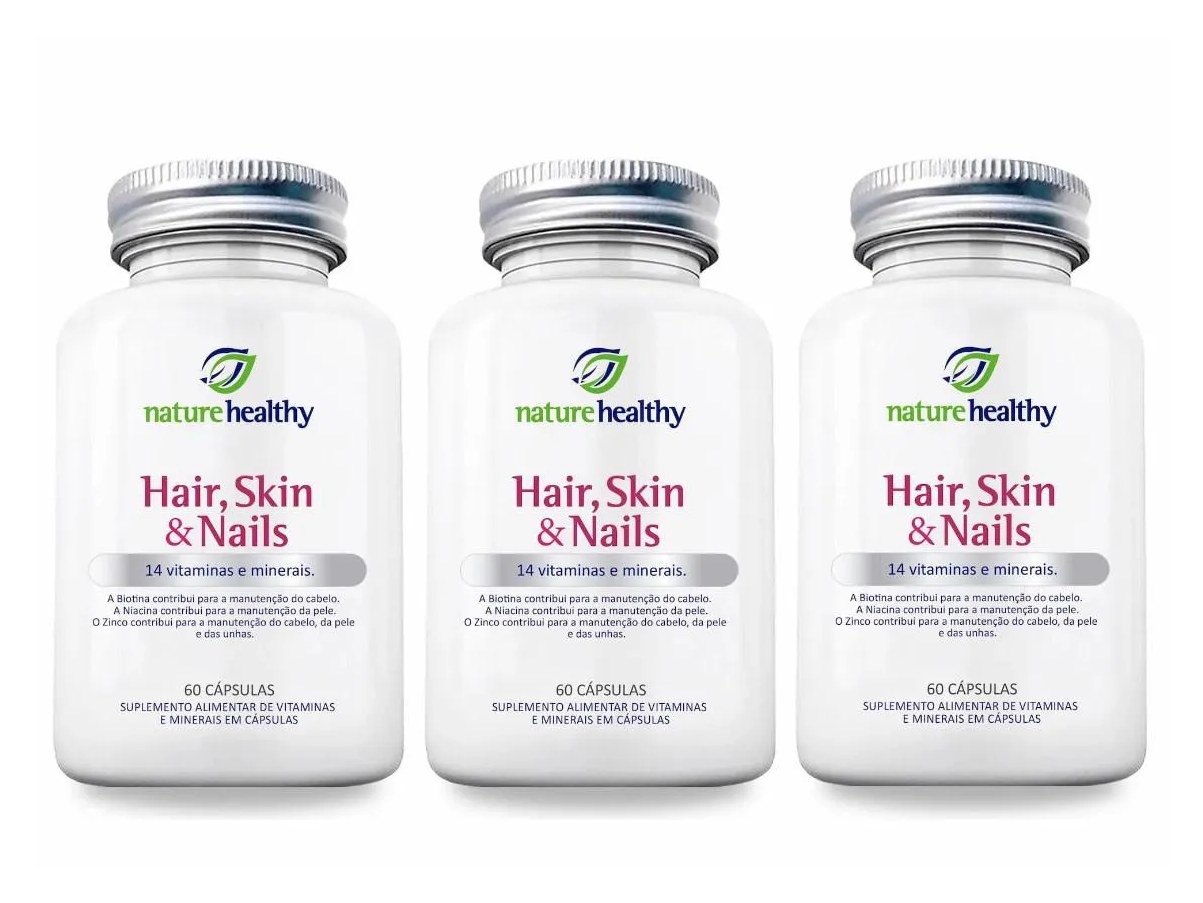 KIT c/ 3 HAIR, SKIN & NAILS c/ 14 VITAMINAS E MINERAIS NATURE HEALTHY 60 CÁPSULAS