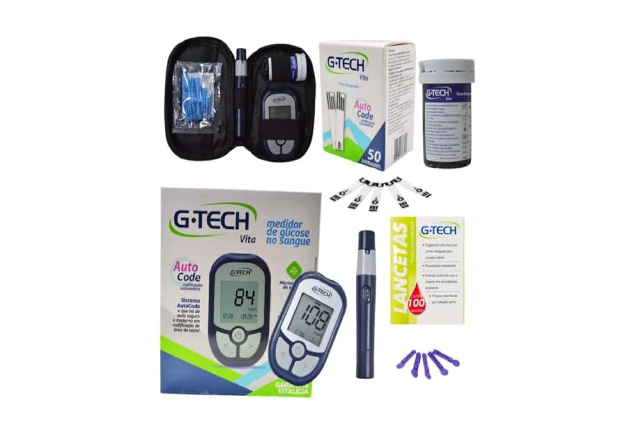 Kit Medidor de Glicose G-tech Vita Combo Completo com 60 Tiras + 110 Lancetas + Caneta Lancetadora