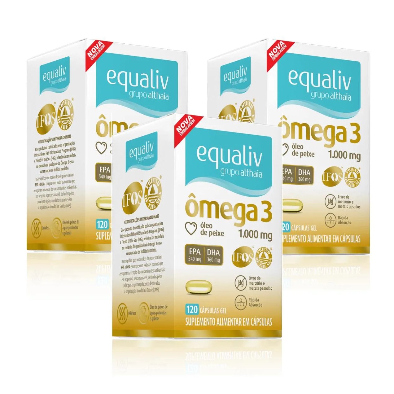 Kit 3 Ômega 3 1000mg Livre de Metais Pesados120 cápsulas Equaliv sem Sabor