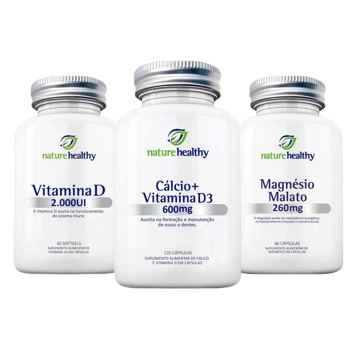 KIT OSSOS - 1 CÁLCIO 600MG 120 CÁPS + 1 MAGNÉSIO MALATO 260MG 60 CÁPS + 1 VITAMINA D3 2000UI 60 CÁPS NATURE HEALTHY