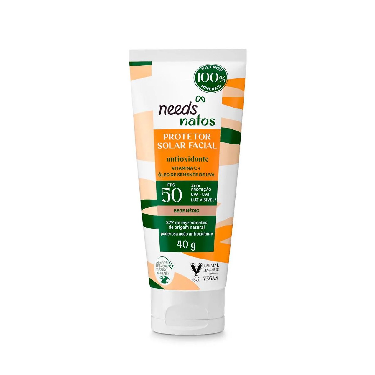 Protetor Solar Facial Needs Natos Antioxidante FPS 50 Bege Médio 40ml
