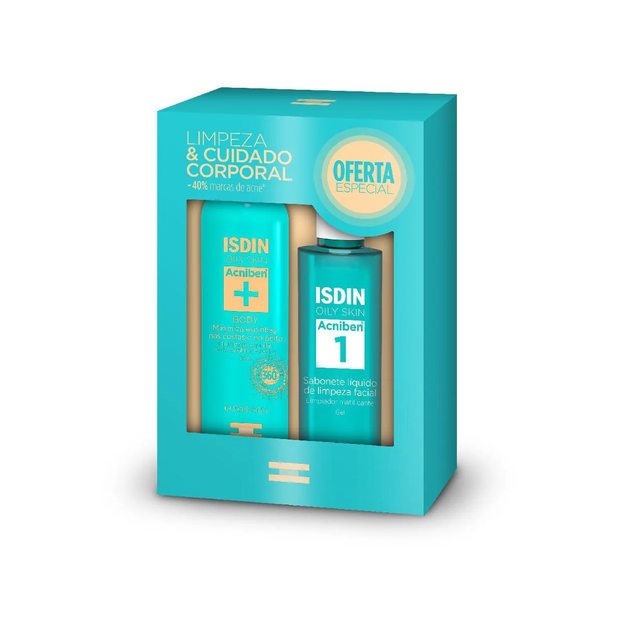 Kit Isdin Oily Skin Sabonete Líquido Facial em Gel Acniben 1 208g + Spray Corporal Antiacne Acniben+ 150ml