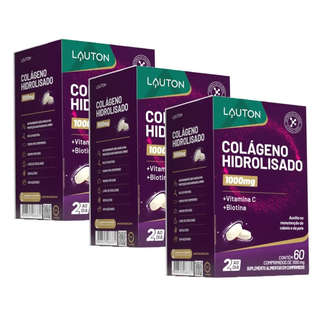Kit 3x Colágeno Hidrolisado com Vitamina C e Biotina 60 comprimidos - Lauton