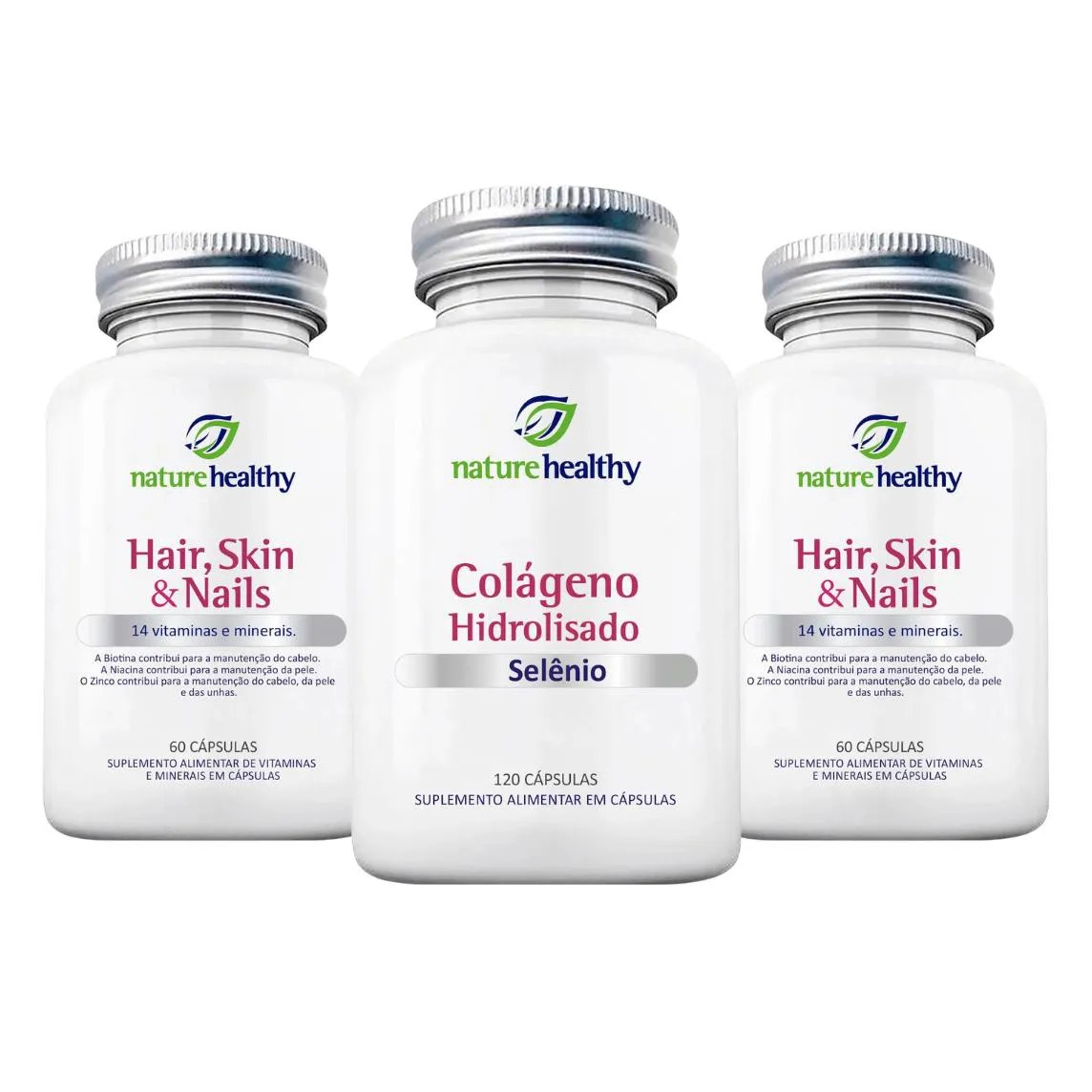 Kit Cabelos - 2 Hair, Skin & Nails 60 cápsulas + 1 Colágeno Hidrolisado 400MG com Selenio 120 cápsulas Nature Healthy