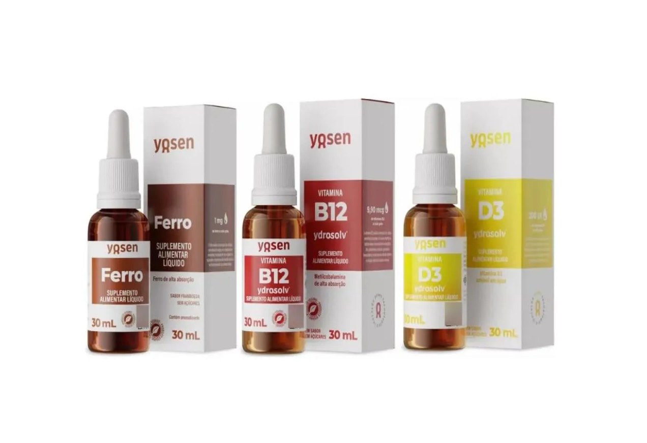 Kit 3x Ferro Bisglicinato + Vitaminas B12 + Vitamina D3 Yosen Líquido 30ml Cada