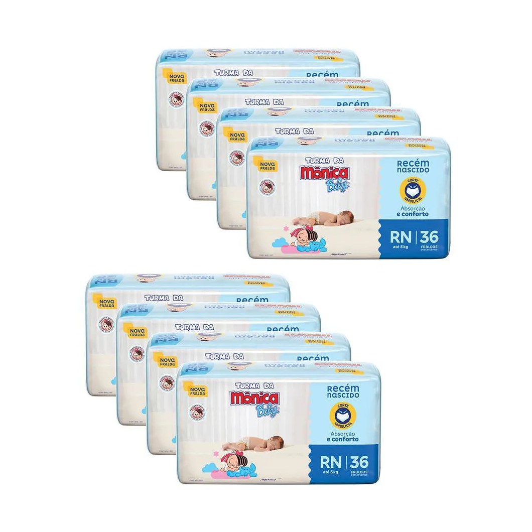 Kit 8 Fraldas Turma da Mônica Baby Jumbo Rn com 36un Cada