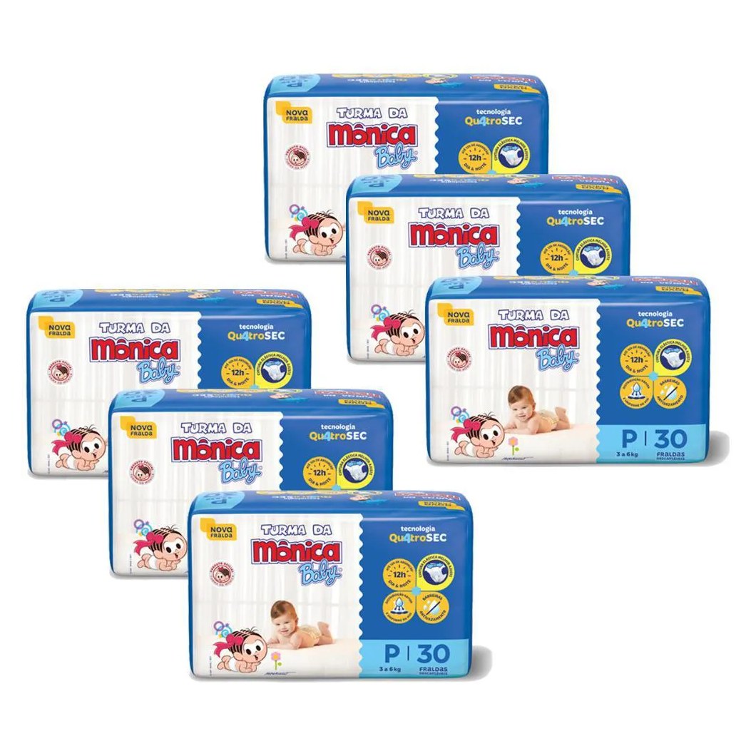 Kit 6 Fraldas Turma da Mônica Baby Jumbo P com 30un Cada