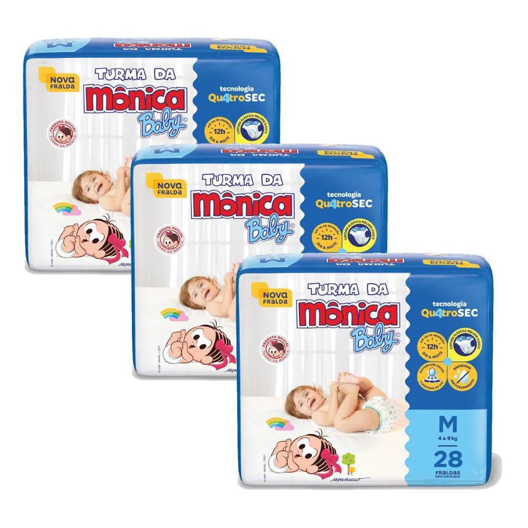 Kit 3 Fraldas Turma da Mônica Baby Jumbo M com 28un Cada