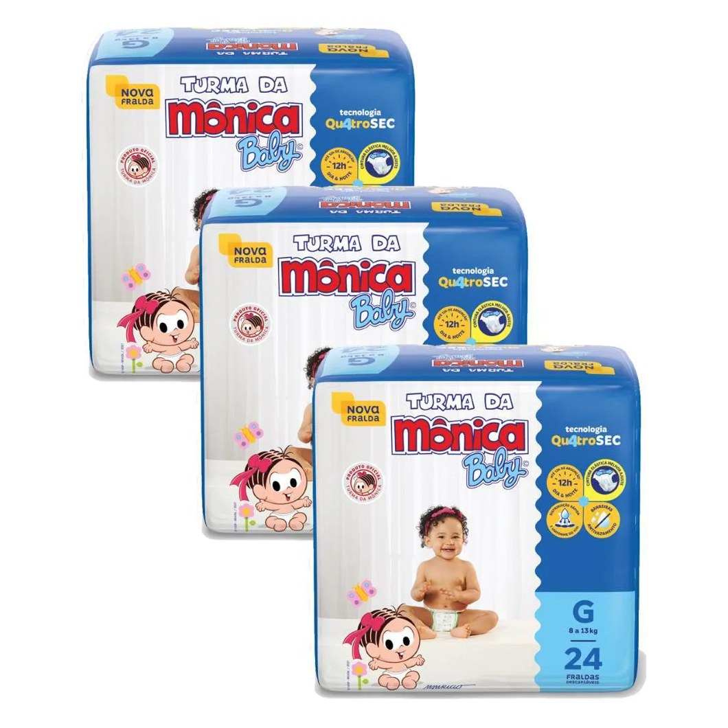 Kit 3 Fraldas Turma da Mônica Baby Jumbo g com 24un Cada