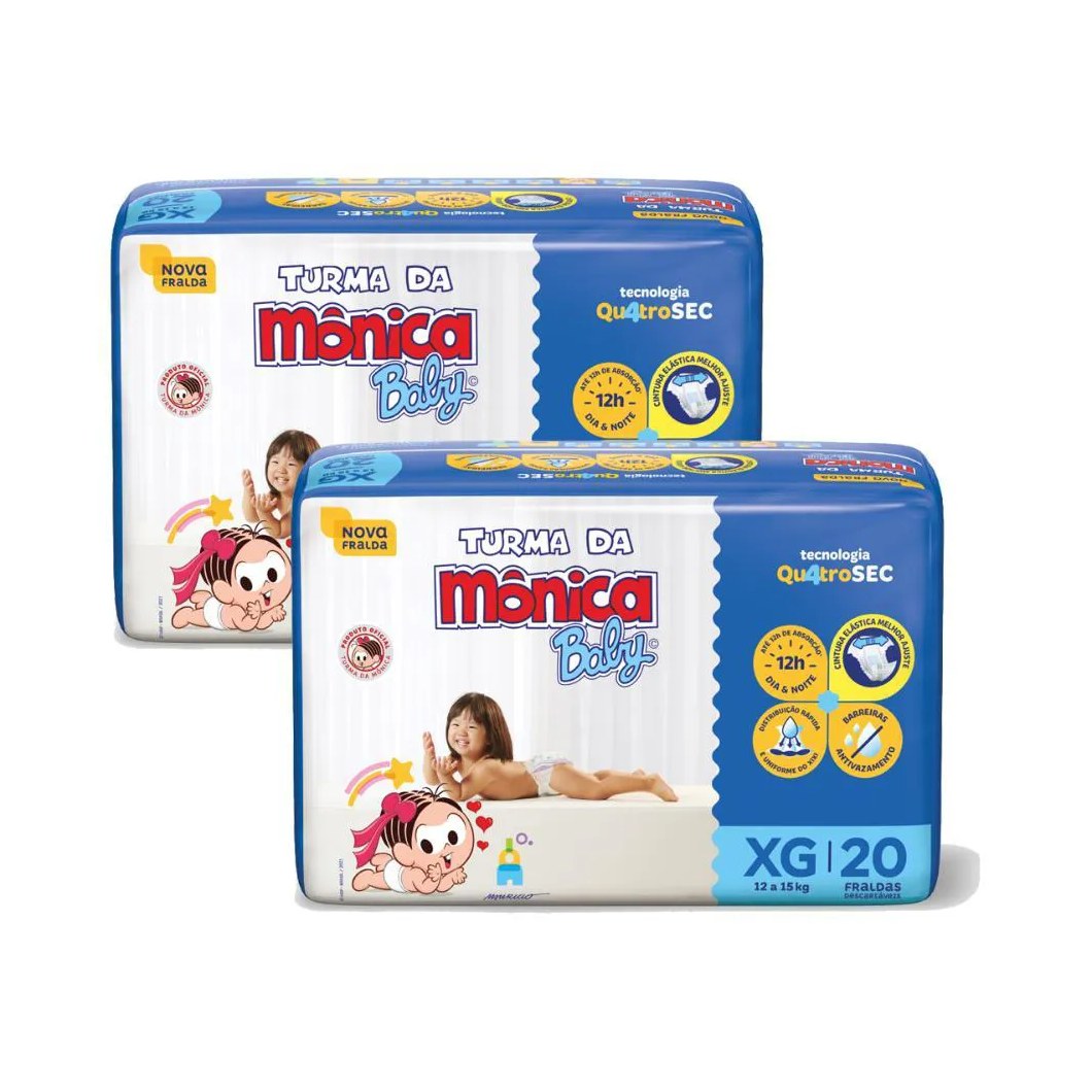 Kit 2 Fraldas Turma da Mônica Baby Jumbo Xg com 20un Cada