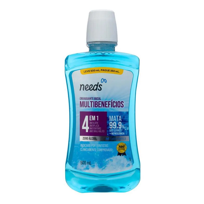 Enxaguante Bucal Needs 4 em 1 Hortelã Sem Álcool 500ml + 250ml